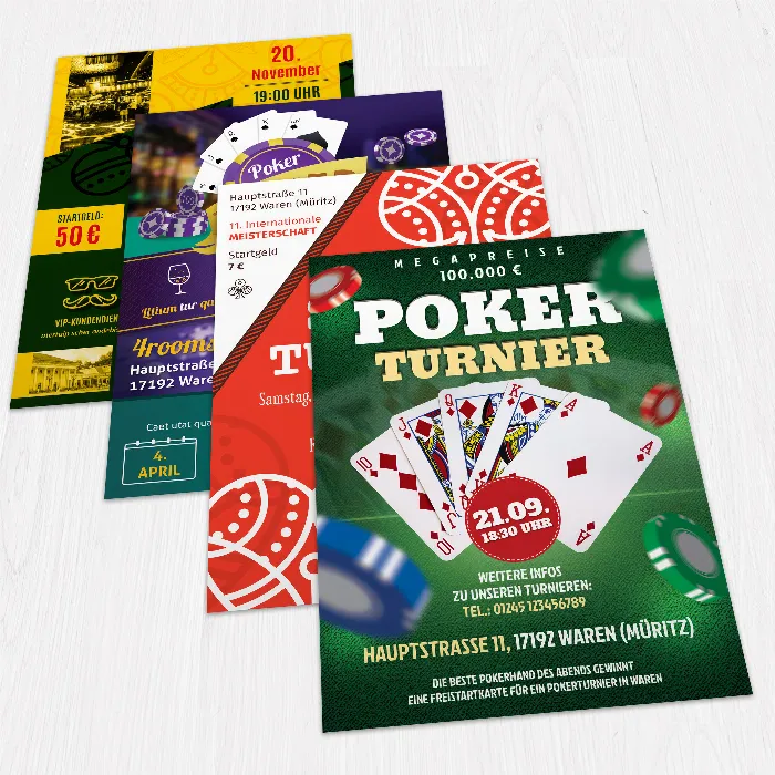 Mallit Skat- ja pokeriturnausflyereille