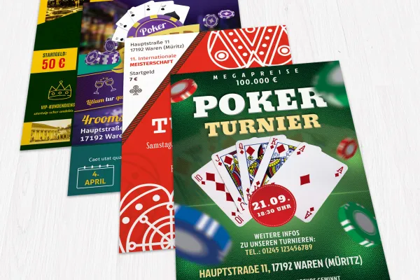 Julisteet, flyygelit ja julisteet korttipeli-, skat- ja pokeriturnauksia varten.