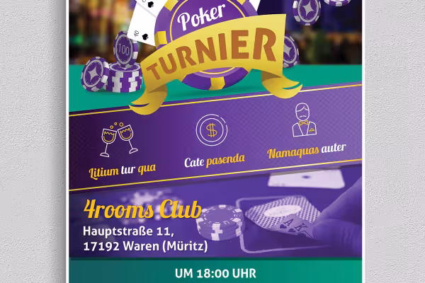 Kart oyunları, skat ve poker turnuvaları için afişler, el ilanları ve posterler.