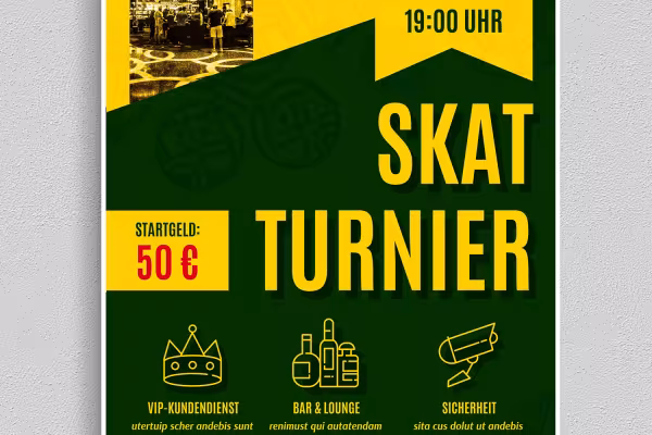 Kart oyunları, skat ve poker turnuvaları için posterler, el ilanları ve afişler.