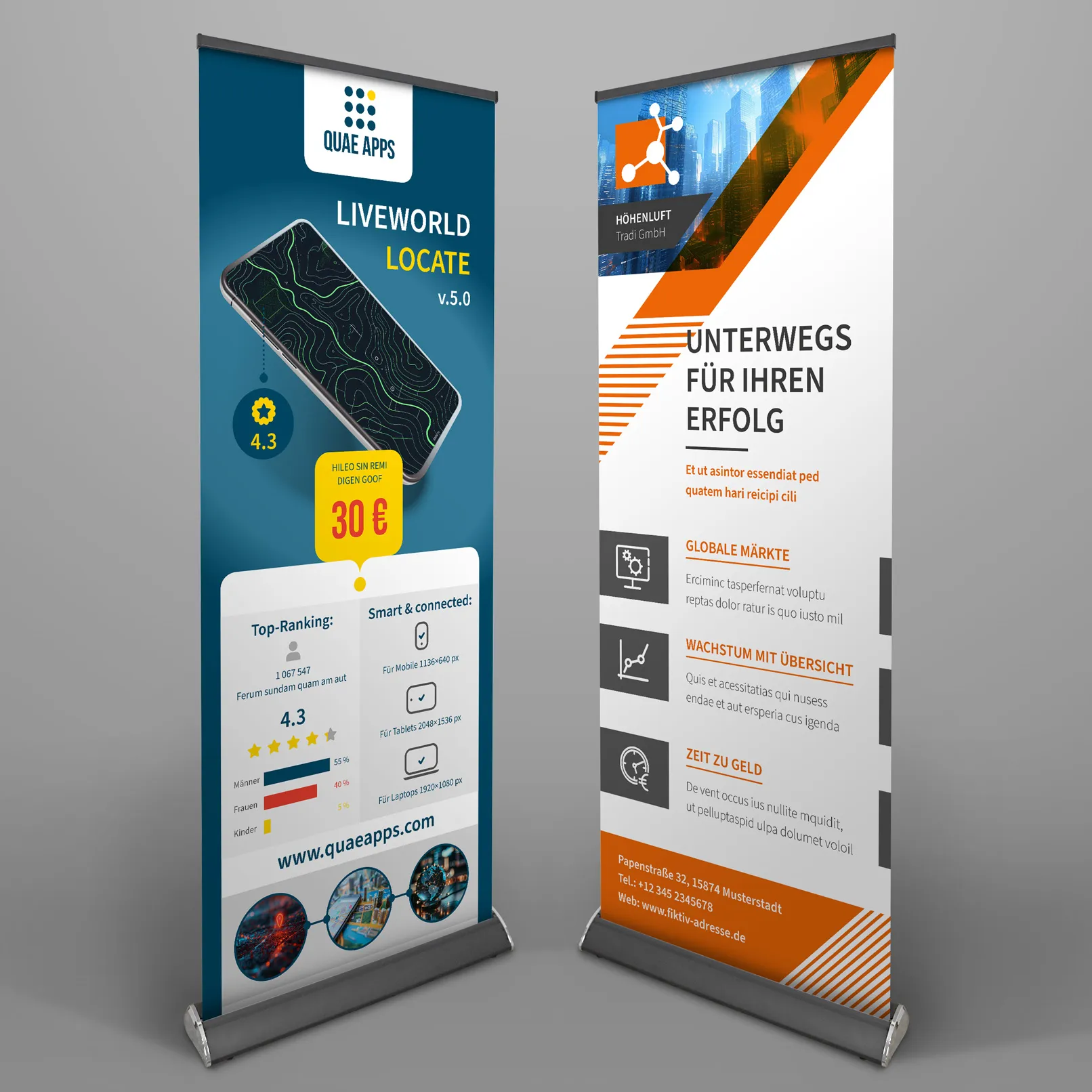 Dvě designové šablony pro roll-upy k vytvoření kvalitních roll-upů.
