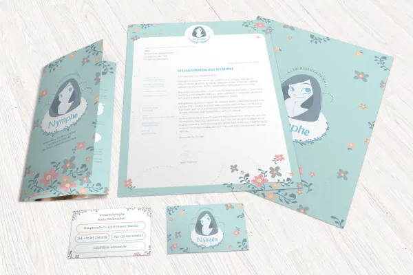 Sjablonen in de huisstijl voor de wellness- en kappersbranche: flyer, briefpapier, visitekaartjes.
