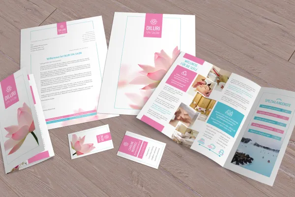 Sjablonen in de huisstijl voor de sectoren wellness en kappers: flyer, briefpapier, visitekaartjes.