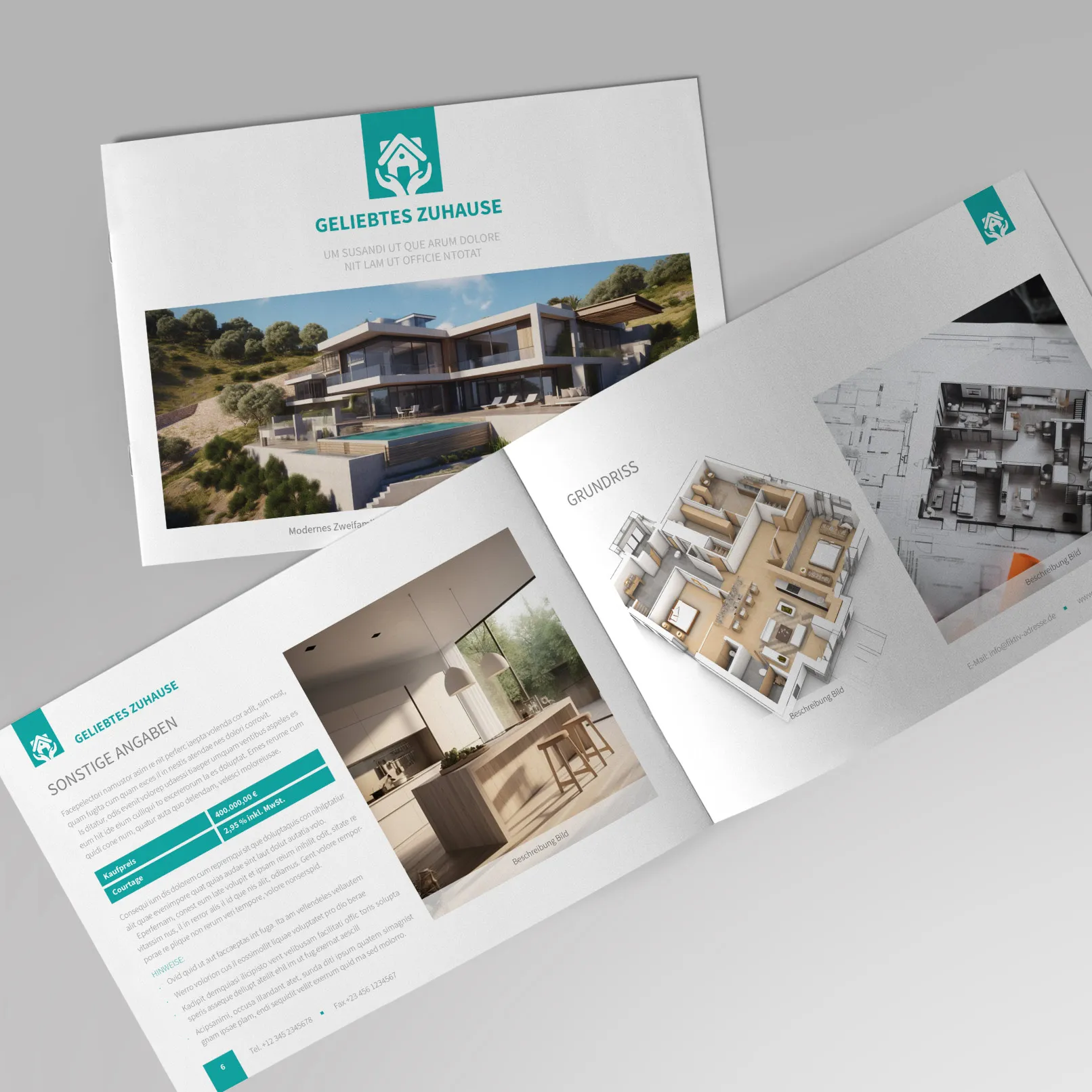 Tolv-siders salgsprospekt-skabeloner til ejendomme og huse, redigerbare i Word, InDesign, PowerPoint og Affinity Publisher