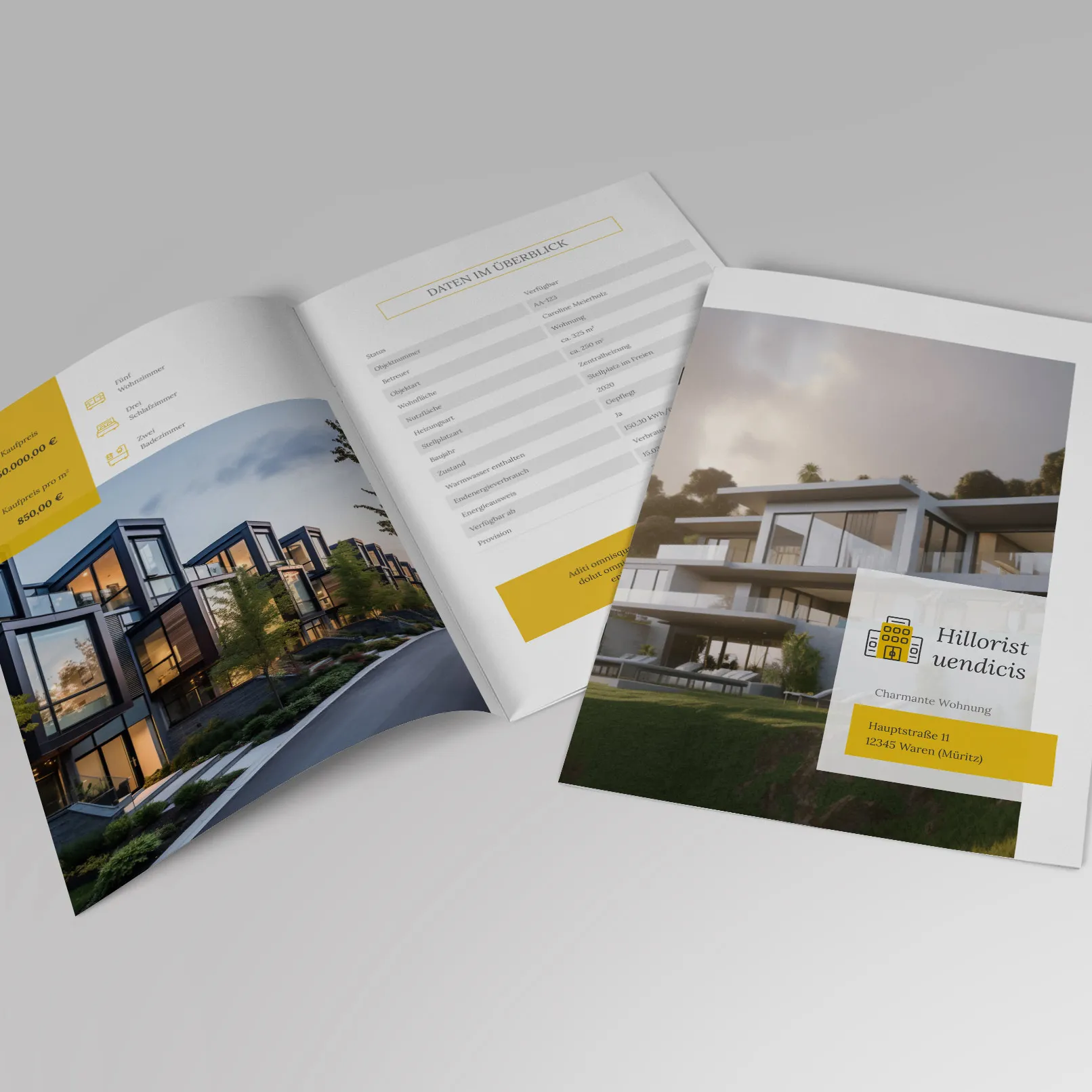Templat eksposé berisi dua belas halaman untuk properti dan rumah, dapat diedit di Word, InDesign, PowerPoint, dan Affinity Publisher.