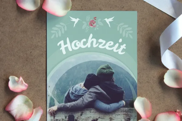 Mockup: Hochzeitskarte von Rosenblättern umgeben