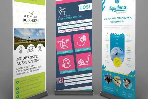 Sjablonen in de huisstijl voor de sectoren Sport en Beweging: flyer, briefpapier, visitekaartjes.