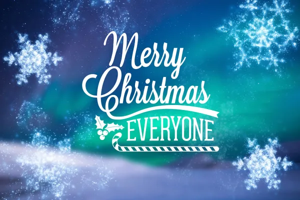 Schriftzug Merry Christmas Everyone in winterlicher Kulisse, mit Schneeflocken versehen