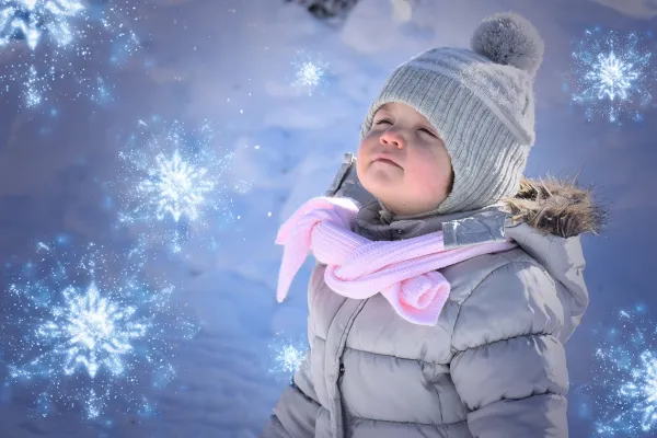 Girl in winter, snowflake template was incorporated into the picture
