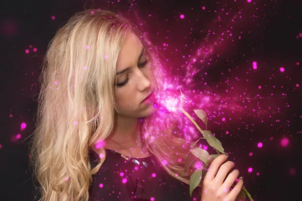 Woman with Blum, photo superimposed glitter effect of a star image