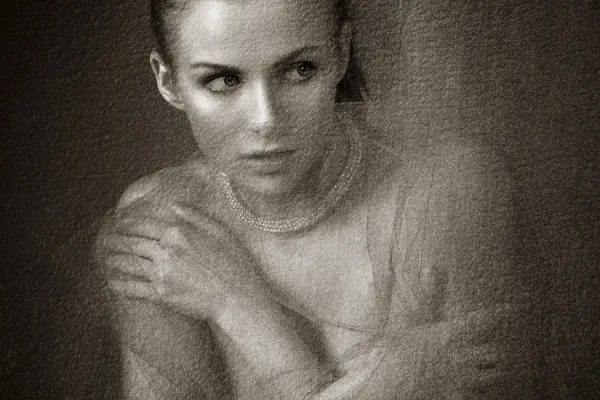 Portrait of a woman, with acrylic and lacquer texture on top