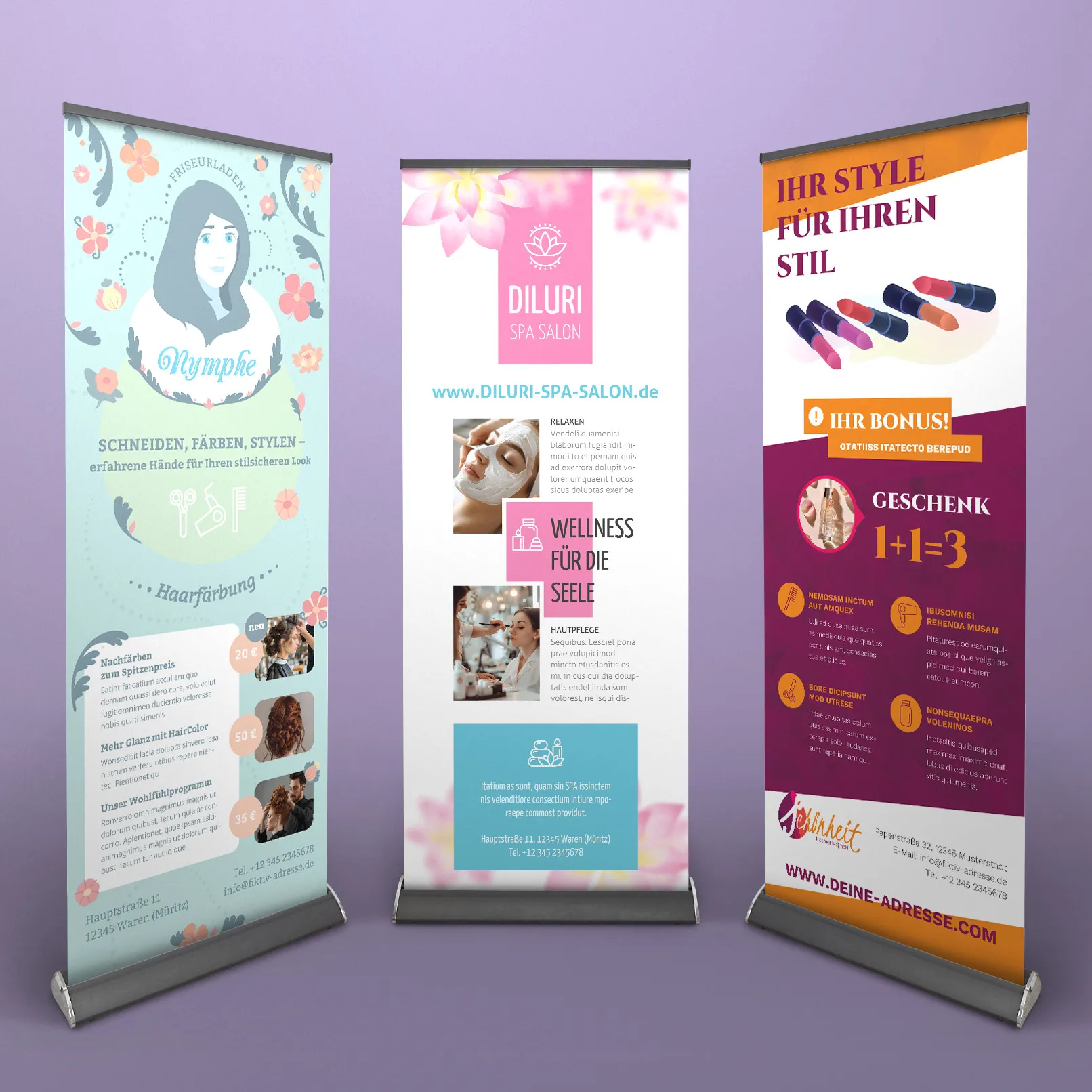 Vzory roll-up designu pro úpravnu, wellness a kadeřnictví.
