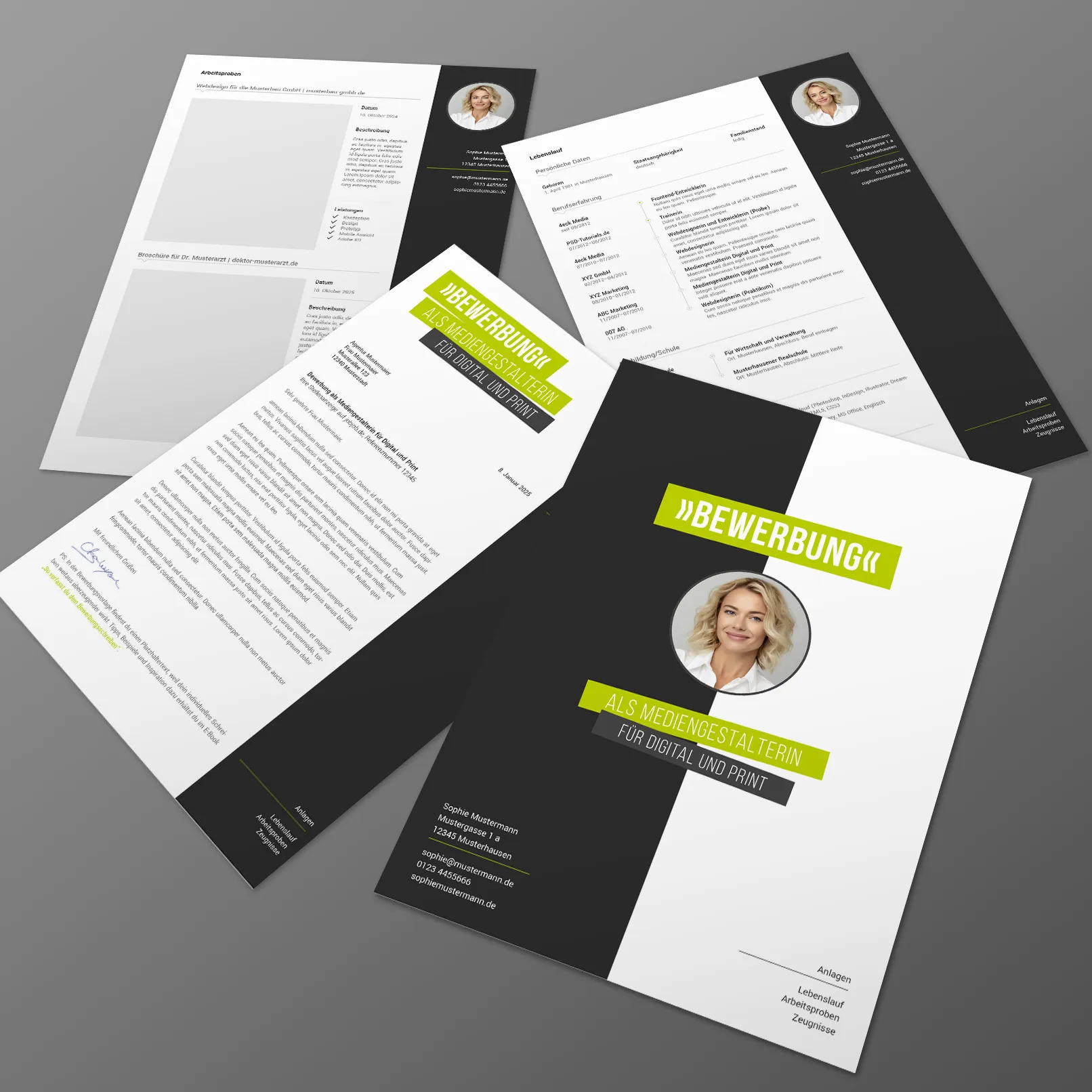 Du erhältst ein Deckblatt, eine Anschreiben-Seite, einen Lebenslauf und eine Portfolio-Seite. Design-Muster, Vorlage für Bewerbung als Mediengestalter
