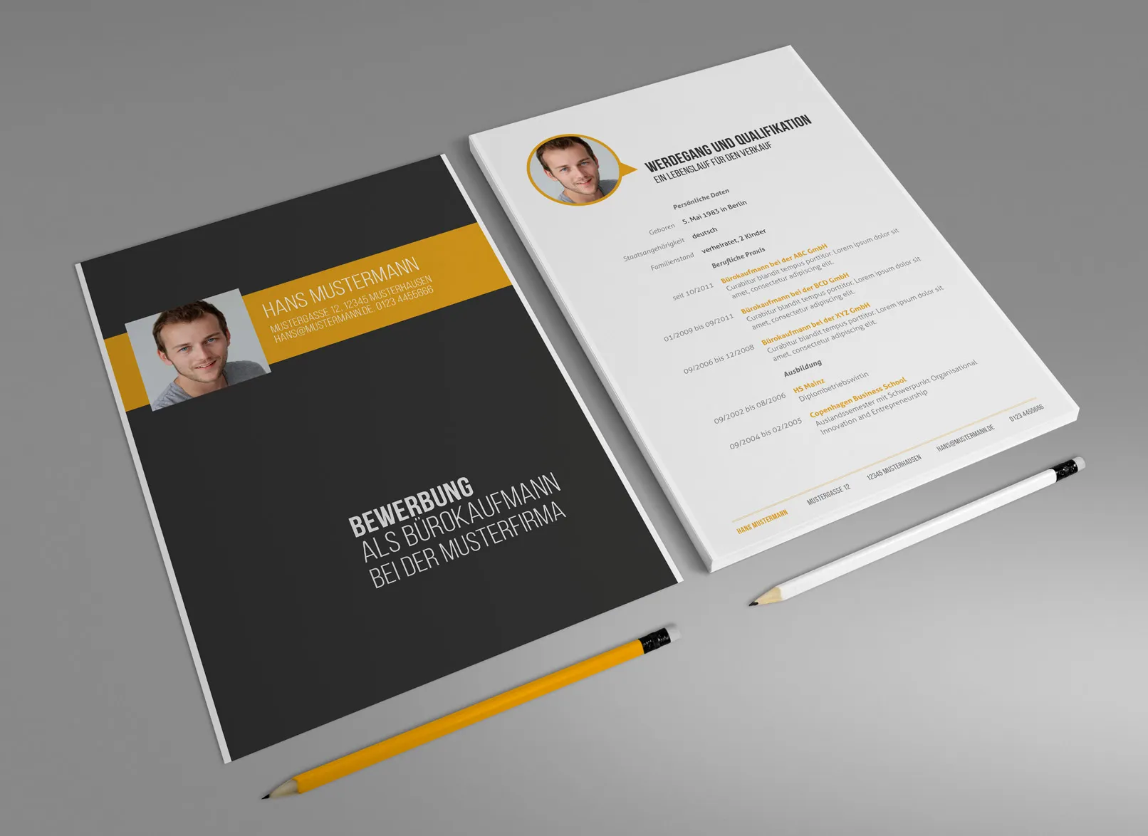 Design-Muster zur Bewerbung als Bürokauffrau, Bürokaufmann, Deckblatt und Lebenslauf in Gelb