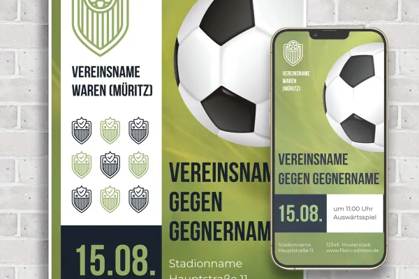 Vorlage für einen Flyer oder ein Fußball-Plakat zur Ankündigung von Spielen, anpassbar auf andere Sportarten. Sowie eine Variante für den digitalen Versand.d