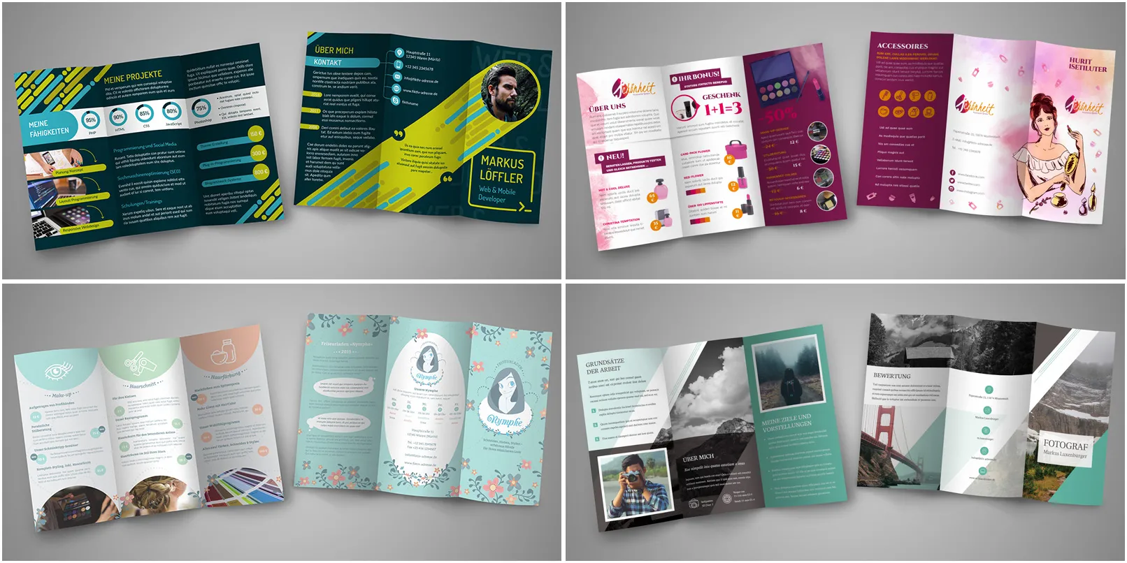 Designs til flyers & foldere i forskellige stilarter: Mønstrene er tilgængelige for redigering i InDesign og CorelDRAW.