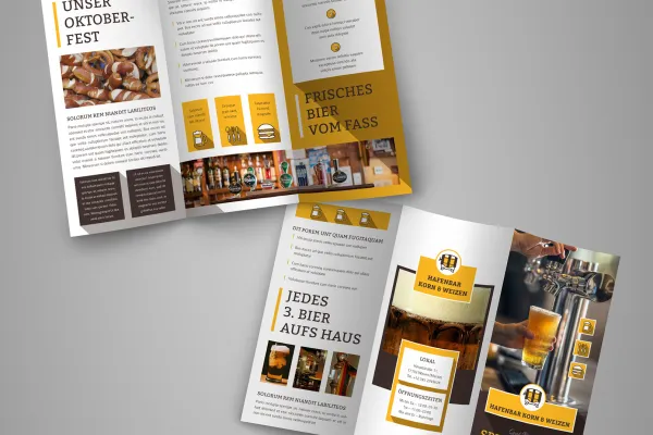 Flyer-Vorlage für eine Bar: Die Layouts stehen dir bereits im passenden Folder-Wickelfalzformat (DIN lang hoch) zur Verfügung.