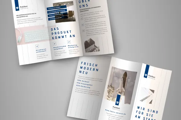 Flyer-Vorlage für Existenzgründer, modern und zeitgemäß: Alle Folder vermitteln kompakte Information in hochwertigen Designs.