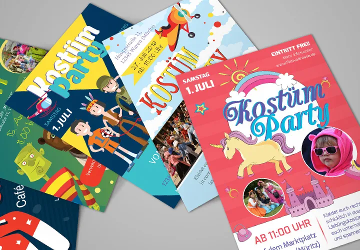 Affiches et dépliants pour inviter à une fête pour enfants, à un carnaval pour enfants et à une fête costumée.