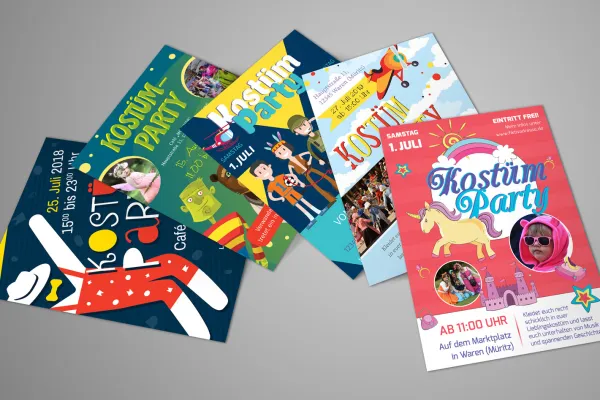5 Plakate und Flyer zur Einladung zu Kinderfest und Kinderfasching