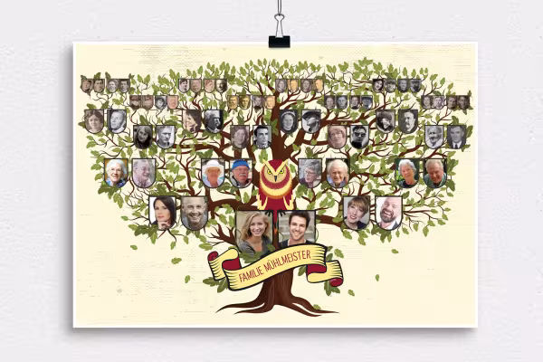 Modèle illustratif et grand format pour ton arbre généalogique familial - dessin en couleurs à l'ancienne