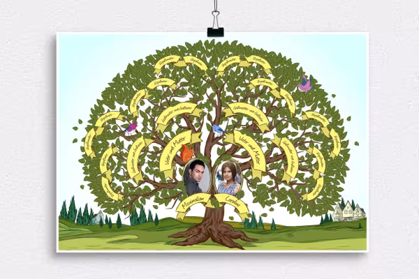 Modèle illustratif et de grande taille pour ton arbre généalogique familial - feuillage printanier fraîchement sorti