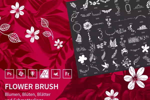 100 brush tips with floral motifs for use in Photoshop, Photoshop Elements, GIMP and Affinity Photo