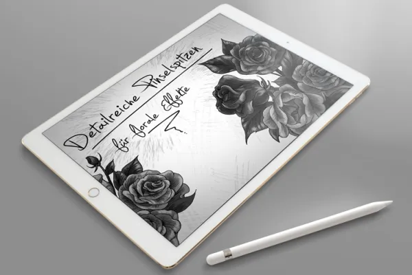 Pinselspitze zur Illustration mit Rosen – gezeigt an einem Beispiel im Sketch-Look. Die floralen Flower Brushes können vielfach eingesetzt werden.