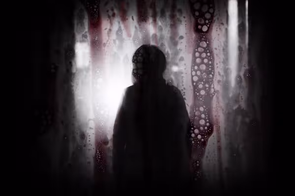 Gloomy scene with blood flowing down in front of it. The blood images have been incorporated.