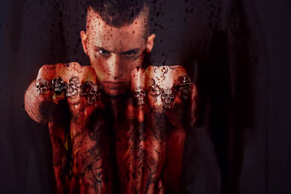 Man with clenched fists - a blood texture with blood splashes has been incorporated.