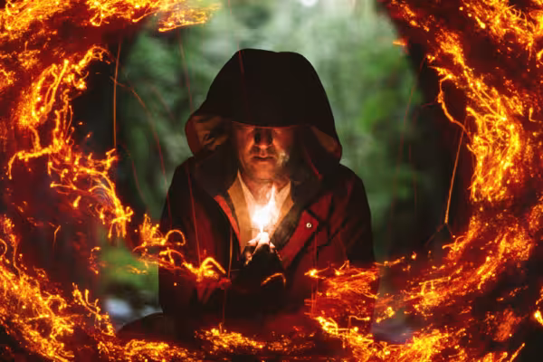 Homme tenant une lumière à la main, entouré d'un anneau de feu créé à partir de textures de feu.