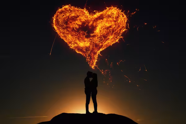 Un couple sur une colline dans l'obscurité, au-dessus un cœur enflammé créé à partir de textures de feu.