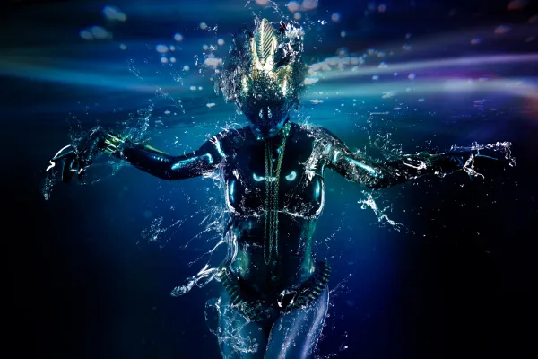 Alien-like woman under water. Textures with water droplets and water splashes have been added to the image.