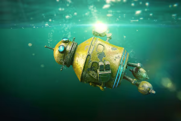 Robot under vatten, visar användning av en metall shader i en scen.