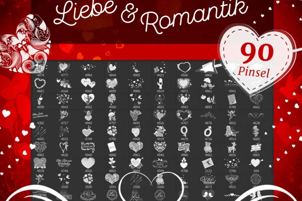 90 πινέλα για το Photoshop, το Photoshop Elements, το GIMP και το Affinity Photo, συμπεριλαμβανομένων των πινέλων με τη μορφή καρδιάς.