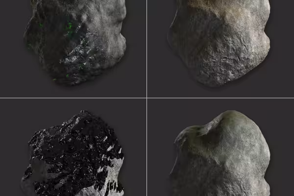 Cinema 4D materyali: Taşlı dokular üzerine yosun, asfalt, kum ve parlayan yeşil.