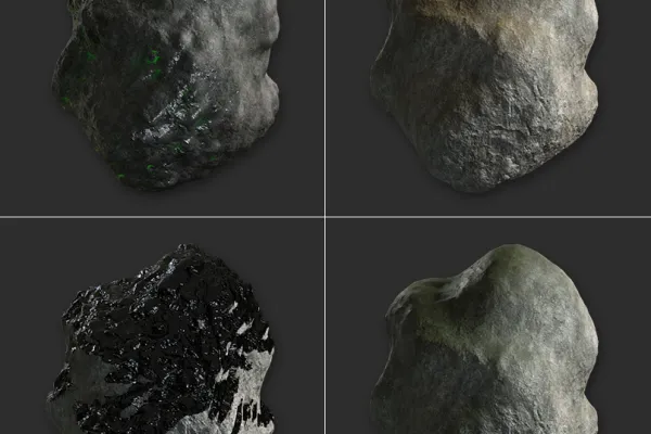 Cinema 4D material: Textures with rock, moss, tar, sand and a bright green.