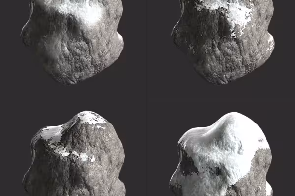 Cinema 4D için karlı kayalar üzerinde kar görüntülemesi için prosedürel dokular.