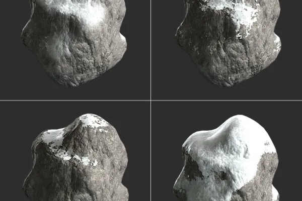 Procedural textures for Cinema 4D with snow on rock to visualize snow-covered mountains and mountain ranges.
