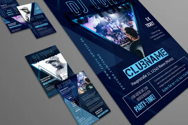 Suunnittelumalleja muusikoille ja DJ:lle, mukaan lukien CD-kansi, juliste ja käyntikortti.