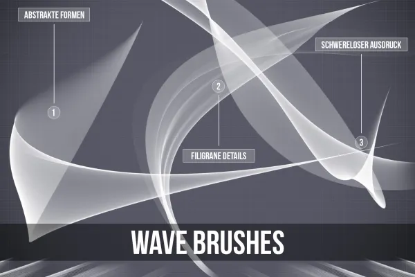 Anwendungsbeispiele für die kunstvollen Pinsel im Wave-Stil. Anschmiegsame Wellen und Wellenformationen für deine künstlerischen Designs