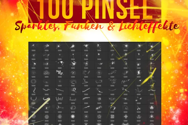 100 pinceaux pour Photoshop, Photoshop Elements, GIMP et Affinity Photo avec des effets de lumière, des paillettes, des étincelles et des points lumineux.