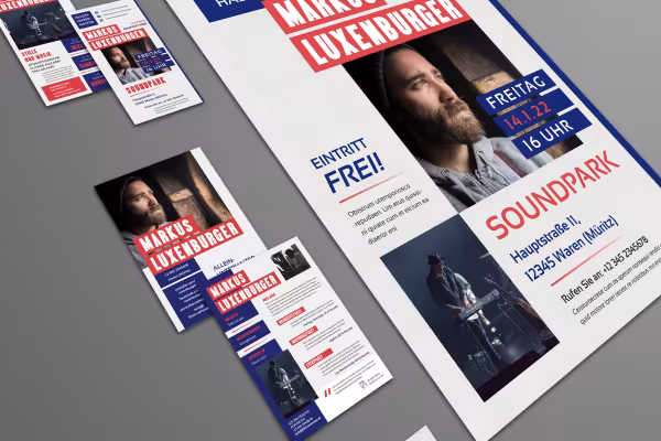 Design templates for musicians, artists, solo entertainers, including CD cover, poster and business card.