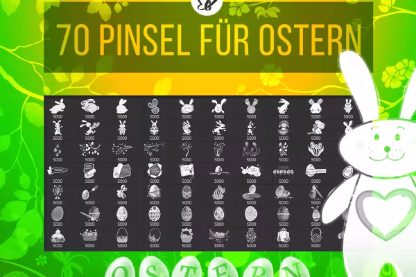 70 pinceaux pour Photoshop, Photoshop Elements, GIMP et Affinity Photo avec des images de Pâques et des motifs de printemps.