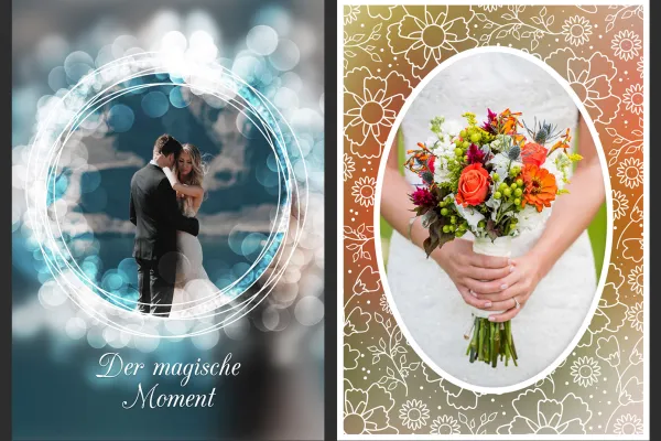 Mit den Photoshop-Aktionen können Hochzeitsfotos in verzierte Bilderrahmen eingearbeitet werden.
