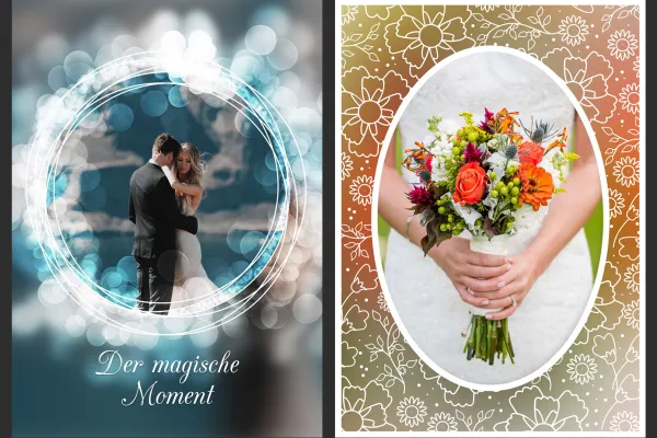 Photoshop actions can be used to incorporate wedding photos into decorated picture frames.