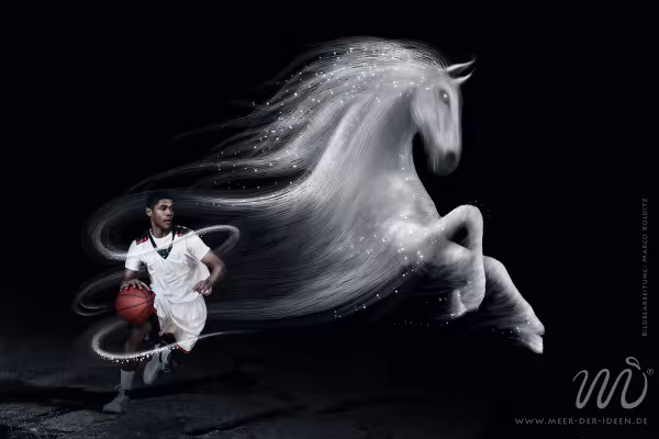 Photoshop-sammansättning med en basketspelare och en häst som representerar sportandan.