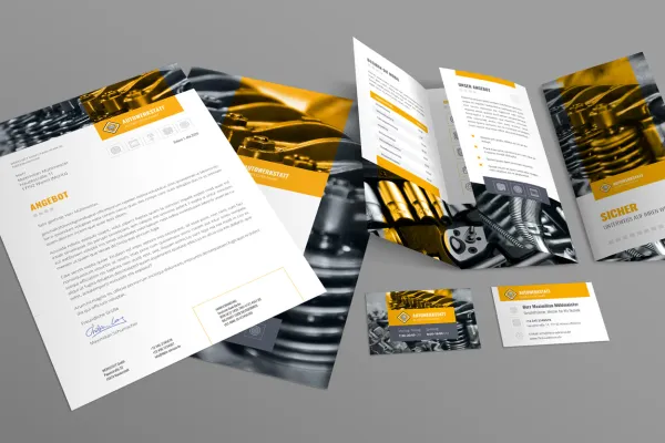 Corporate Design Vorlagen für eine Werkstatt mit Briefpapier, Visitenkarte und Flyer.