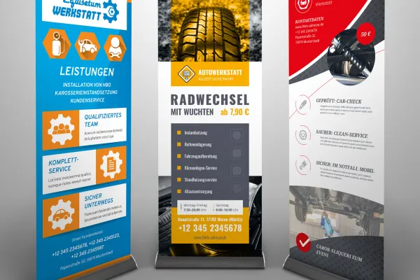 Drei Rollups mit unterschiedlichen zum Thema Werkstatt