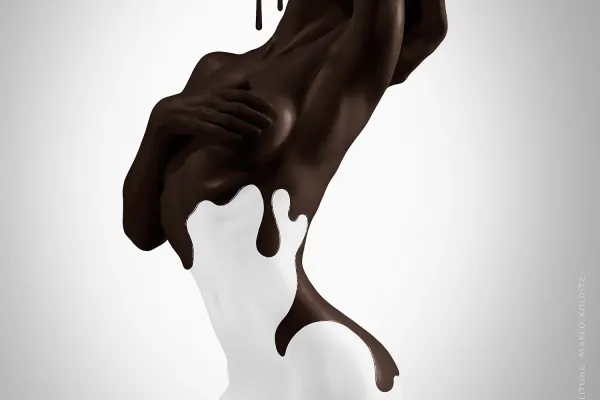 Photomontage: Woman with milk look, covered with chocolate, image for Photoshop training Create photomontages